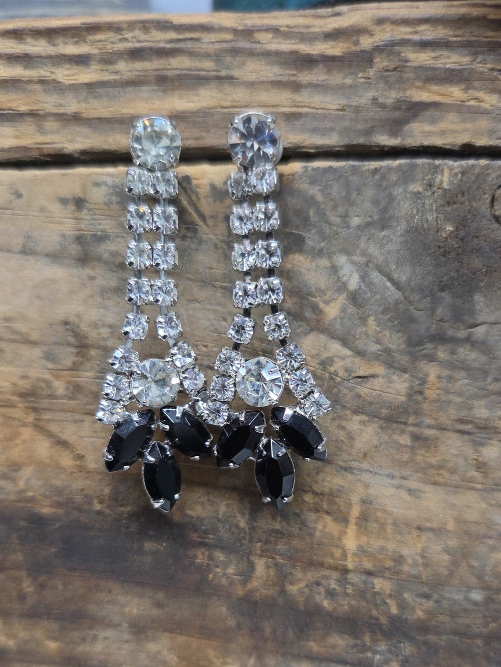 Vintage Clear & Jet Black Rhinestone Chandelier Dangle Earrings